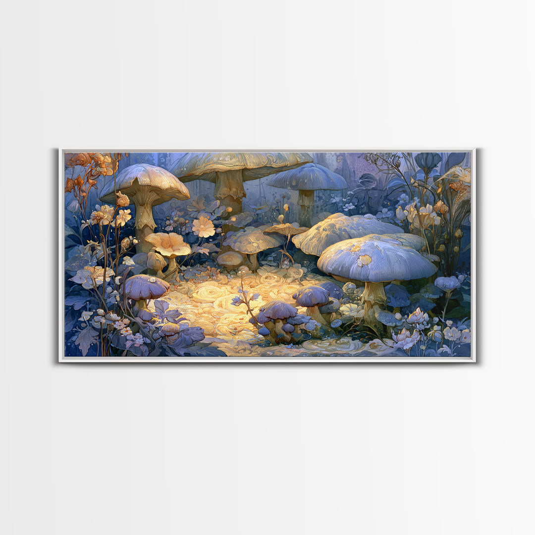 Fairy Ring of Mushrooms and Wildflowers Canvas Print, Fairy Tale Art, Nursery Art, Living Room Decor, Oil Painting, Storybook, FTA-2x1-89