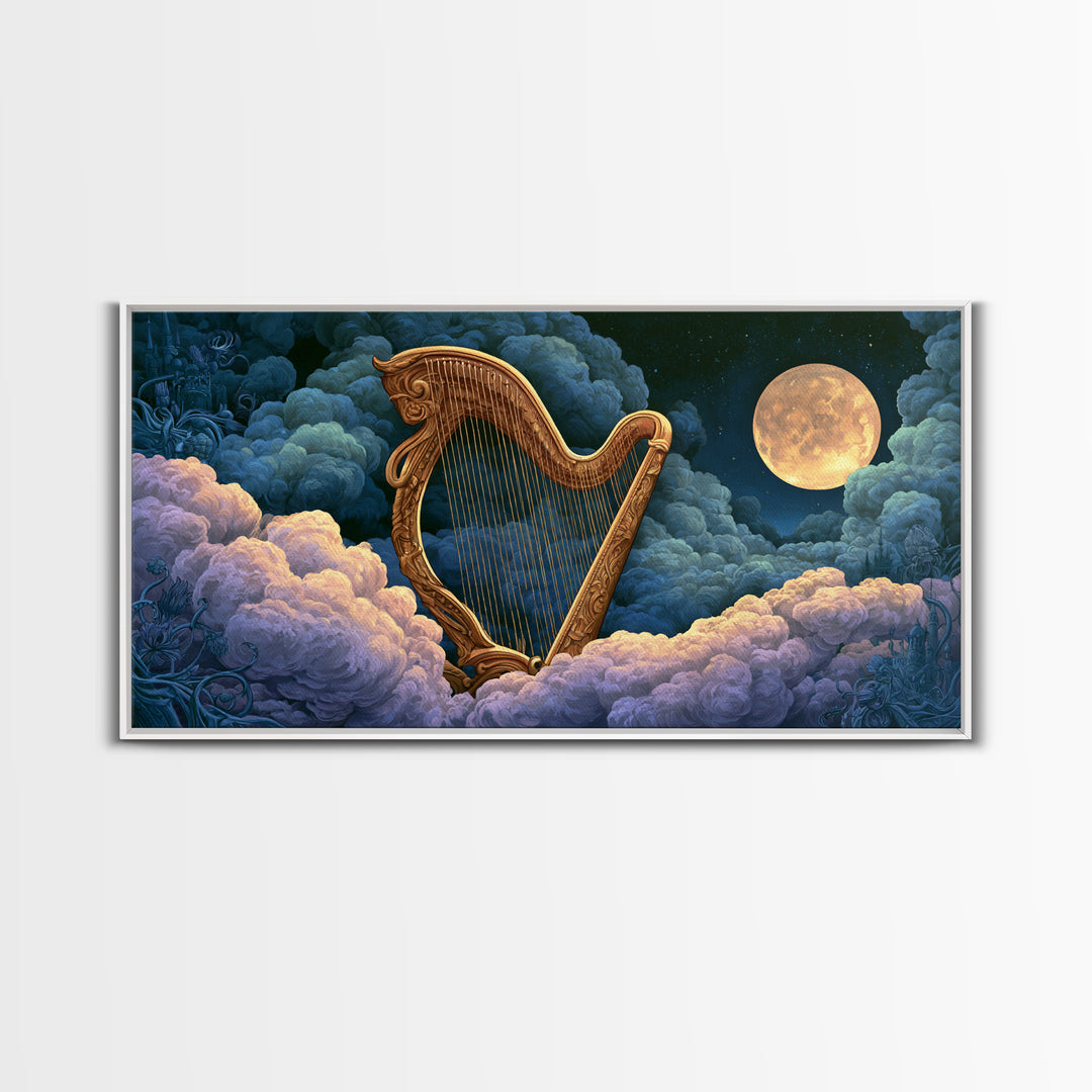 Golden Harp in a Cloud Kingdom Framed Canvas Print, Fairy Tale Art, Art Deco, Living Room Decor, Oil Painting, Storybook, FTA-2x1-90