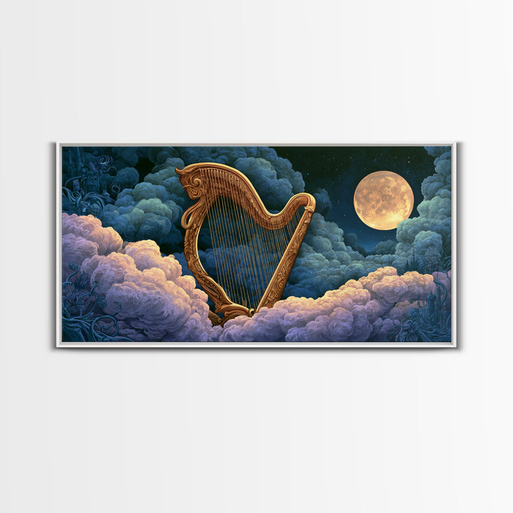 Golden Harp in a Cloud Kingdom Framed Canvas Print, Fairy Tale Art, Art Deco, Living Room Decor, Oil Painting, Storybook, FTA-2x1-90