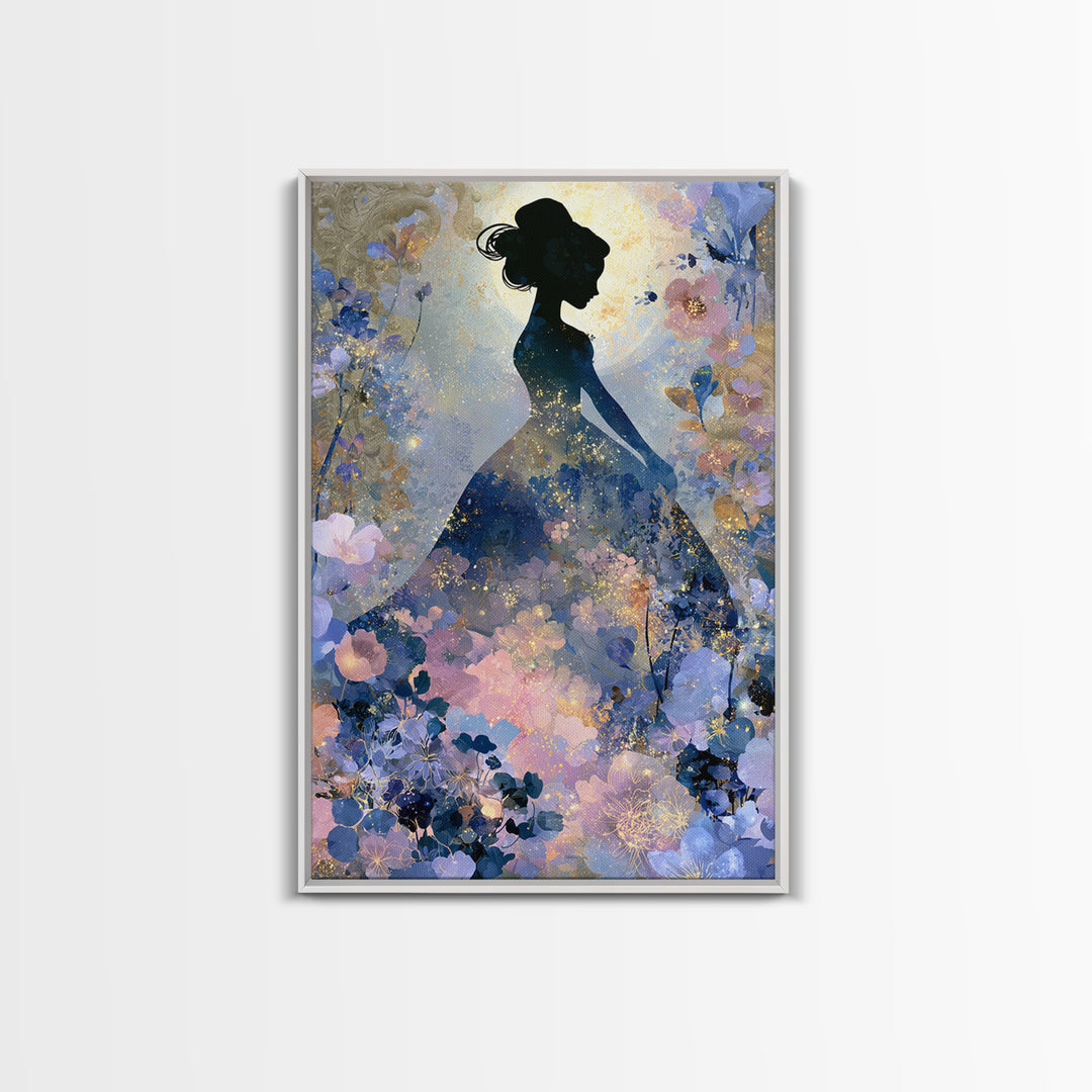 Princess Silhouette with Moonlit Garden Flowers Framed Canvas Print, Fairy Tale Art, Art Deco, Living Room Decor, Storybook, FTA-2x3-12
