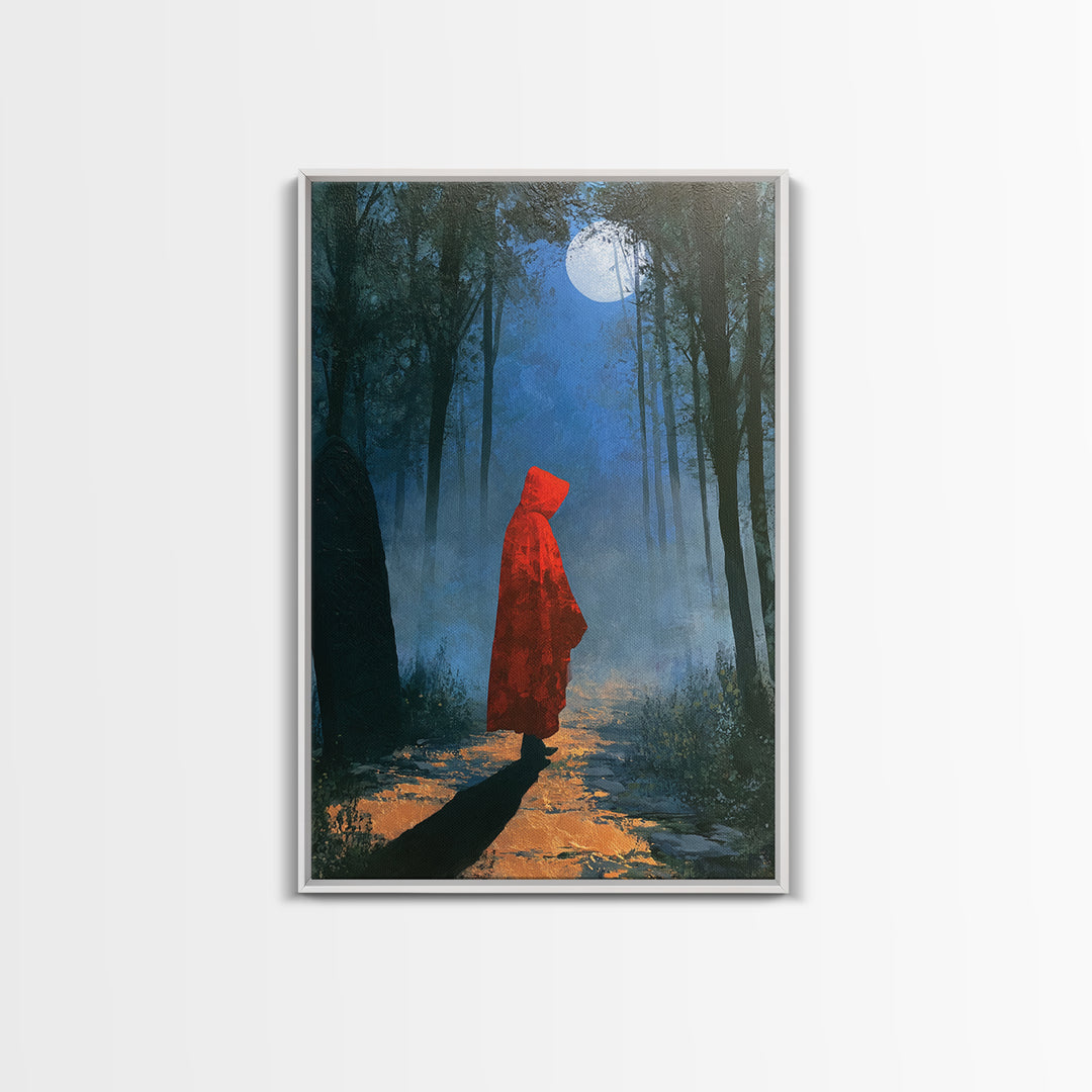 Red Cloak Figure Walking Through Dark Woods Canvas Print, Fairy Tale Art, Gallery Decor, Living Room Decor, Fine Art, Storybook, FTA-2x3-16