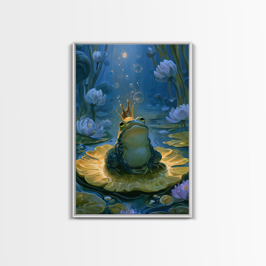 Frog Prince on a Lily Pad Framed Canvas Print, Fairy Tale Art, Contemporary Art, Living Room Decor, Fine Art, Storybook, FTA-2x3-19