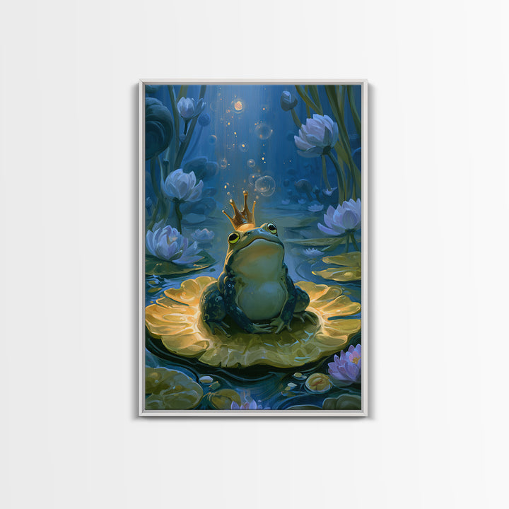 Frog Prince on a Lily Pad Framed Canvas Print, Fairy Tale Art, Contemporary Art, Living Room Decor, Fine Art, Storybook, FTA-2x3-19