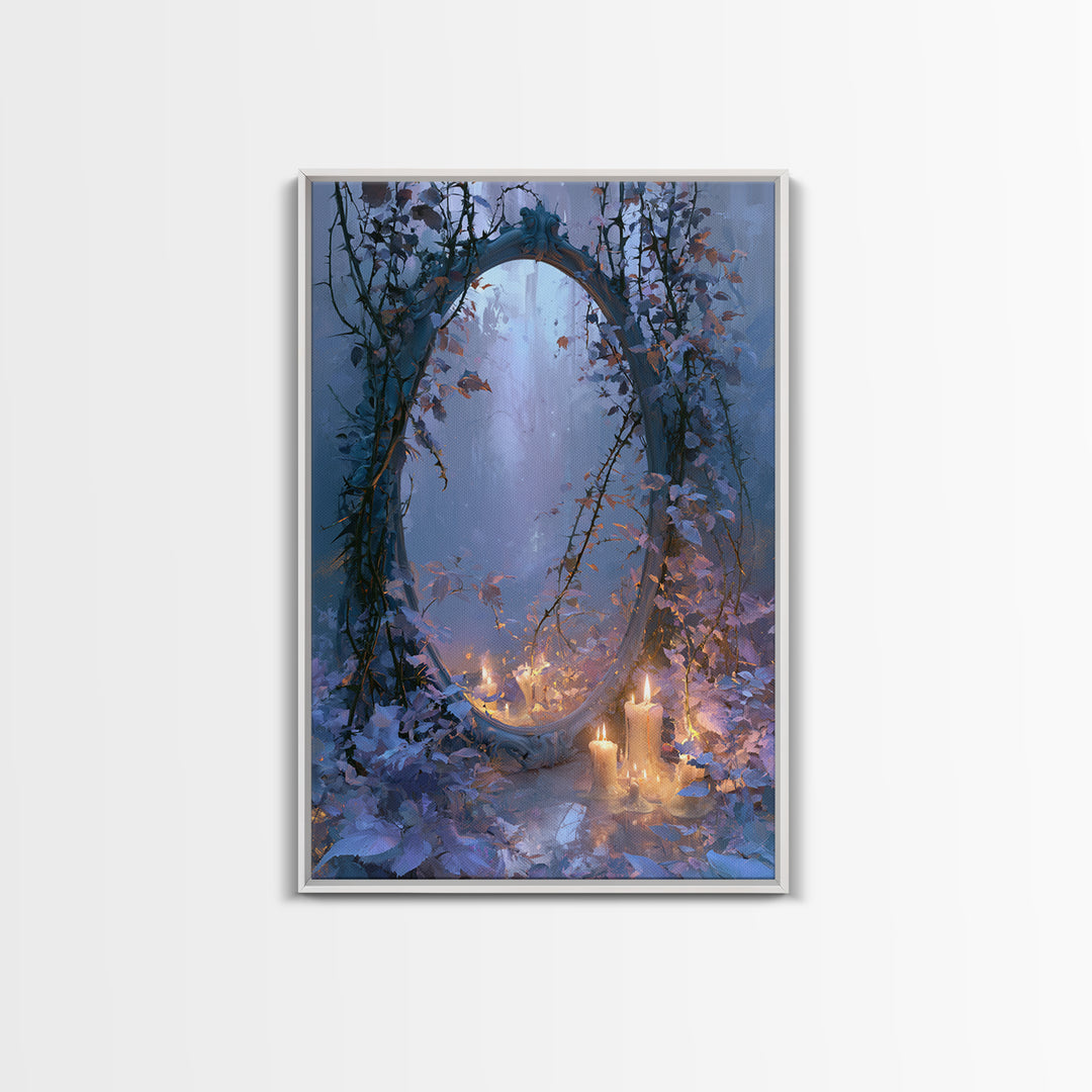 Magic Mirror Framed by Vines and Thorns Framed Canvas Print, Fairy Tale Art, Art Deco, Living Room Decor, Oil Painting, FTA-2x3-21