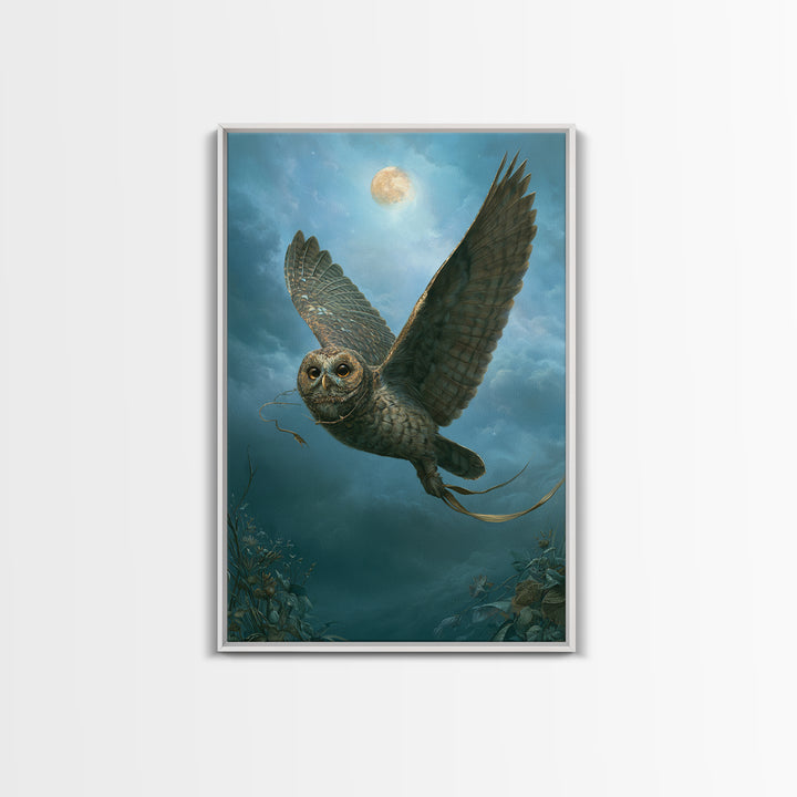 Owl Messenger Carrying a Tiny Ribbon Framed Canvas Print, Fairy Tale Art, Original Art, Living Room Decor, Fine Art, Storybook, FTA-2x3-25