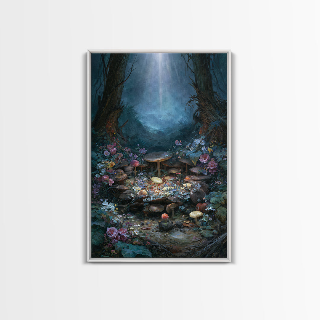 Fairy Ring of Mushrooms and Wildflowers Canvas Print, Fairy Tale Art, Nursery Wall Art, Living Room Decor, Watercolor Art, FTA-2x3-29