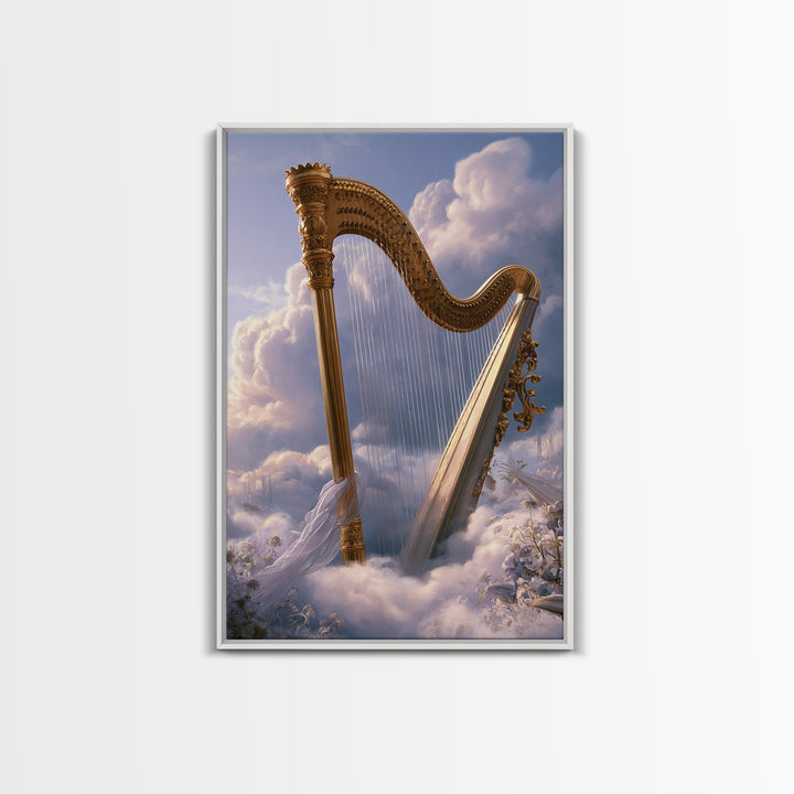 Golden Harp in a Cloud Kingdom Framed Canvas Print, Fairy Tale Art, Minimalist Decor, Living Room Decor, Fine Art, Storybook, FTA-2x3-30