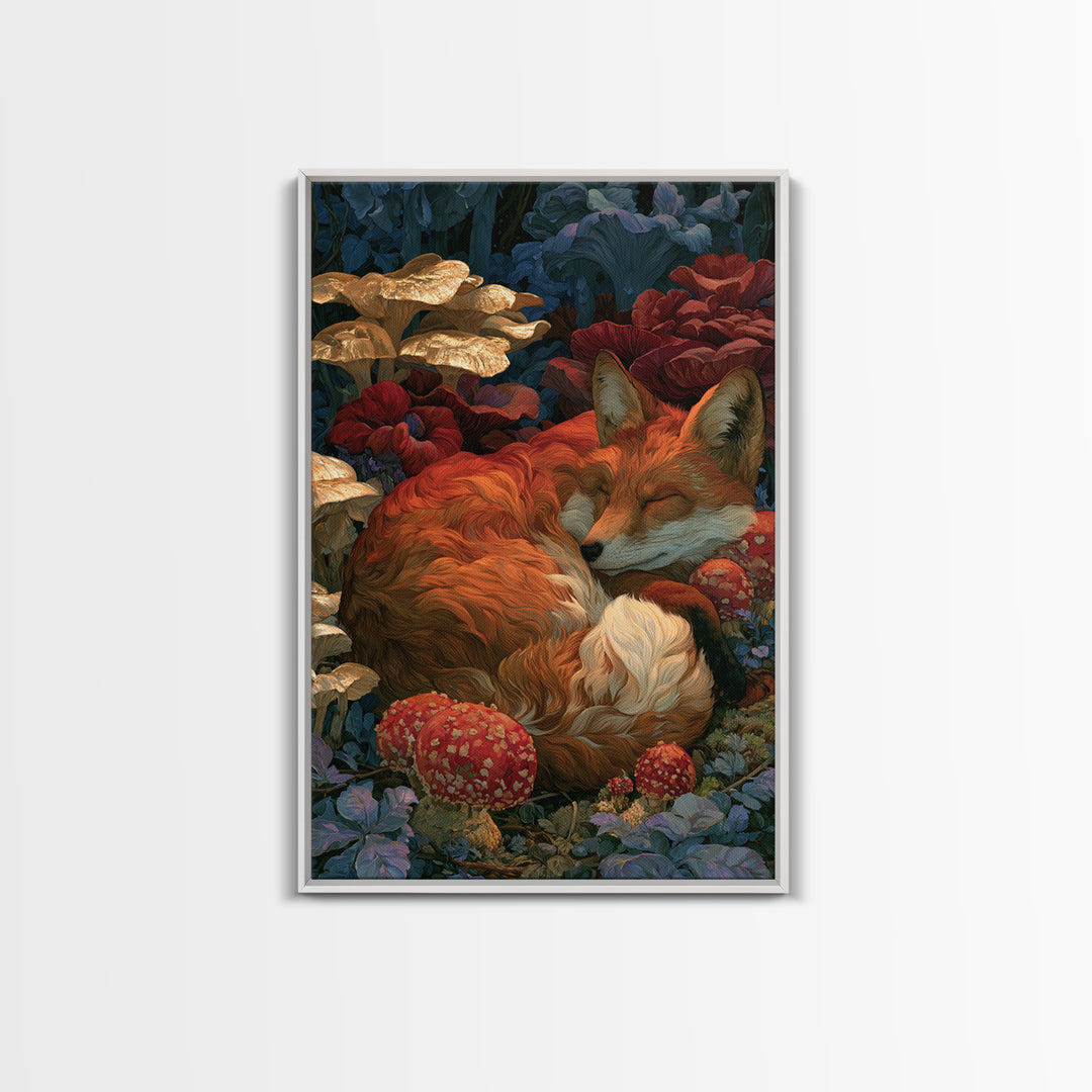 Sleeping Fox Beside a Magical Mushroom Ring Canvas Print, Fairy Tale Art, Nursery Wall Art, Living Room Decor, Watercolor Art, FTA-2x3-35
