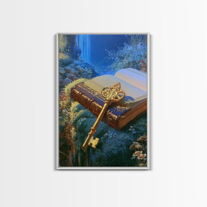 Golden Key and Enchanted Book Still Life Framed Canvas Print, Fairy Tale Art, Abstract Art, Living Room Decor, Storybook, FTA-2x3-41