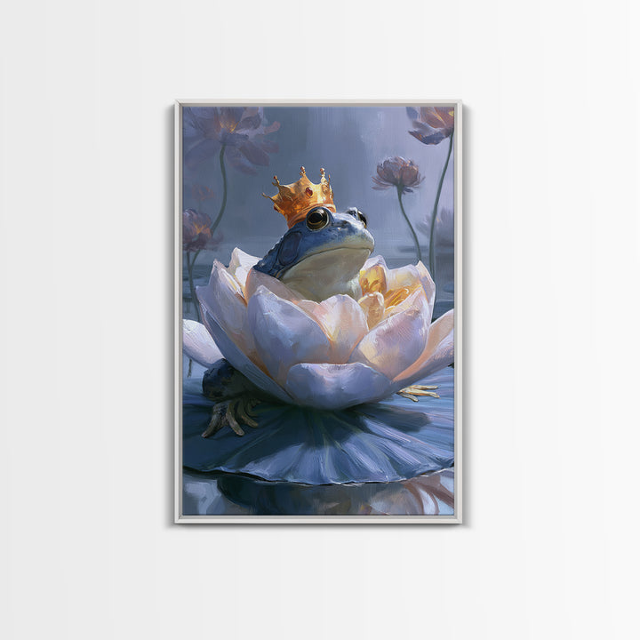 Frog Prince on a Lily Pad Framed Canvas Print, Fairy Tale Art, Canvas Wall Art, Living Room Decor, Fine Art, Storybook, FTA-2x3-43