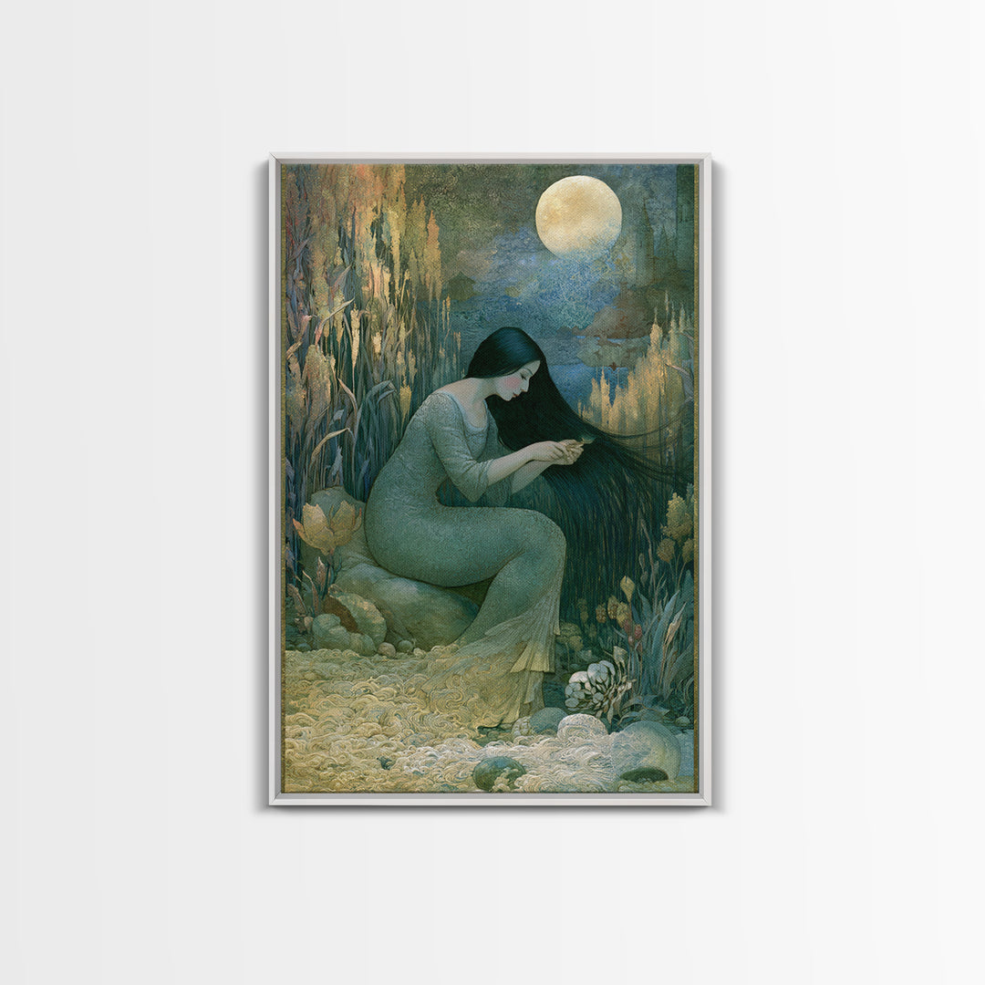 Mermaid Combing Hair Beneath a Pearl Moon Canvas Print, Fairy Tale Art, Luxury Decor, Living Room Decor, Storybook, FTA-2x3-44
