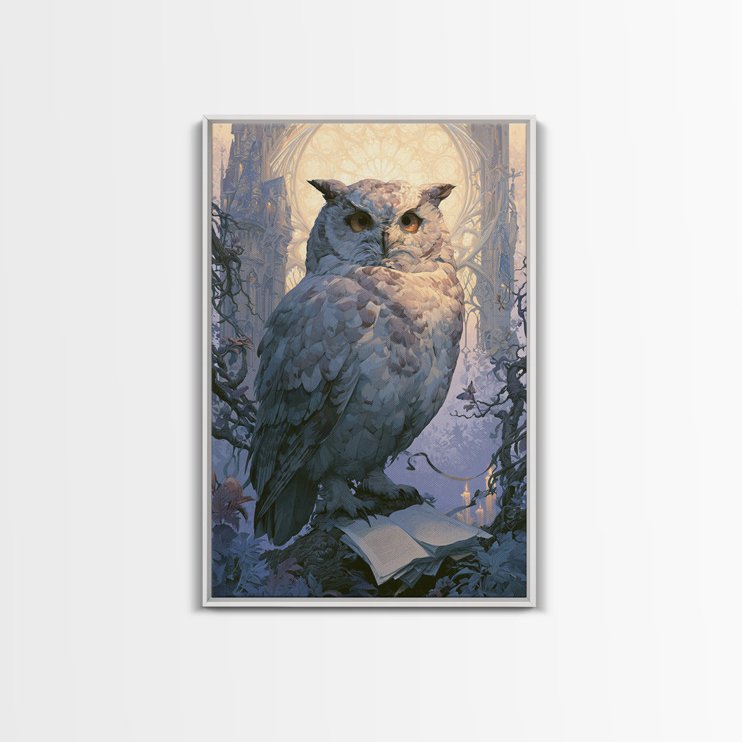 Owl Messenger Carrying a Tiny Ribbon Canvas Print, Fairy Tale Art, Whimsical Decor, Living Room Decor, Fine Art, Storybook, FTA-2x3-49