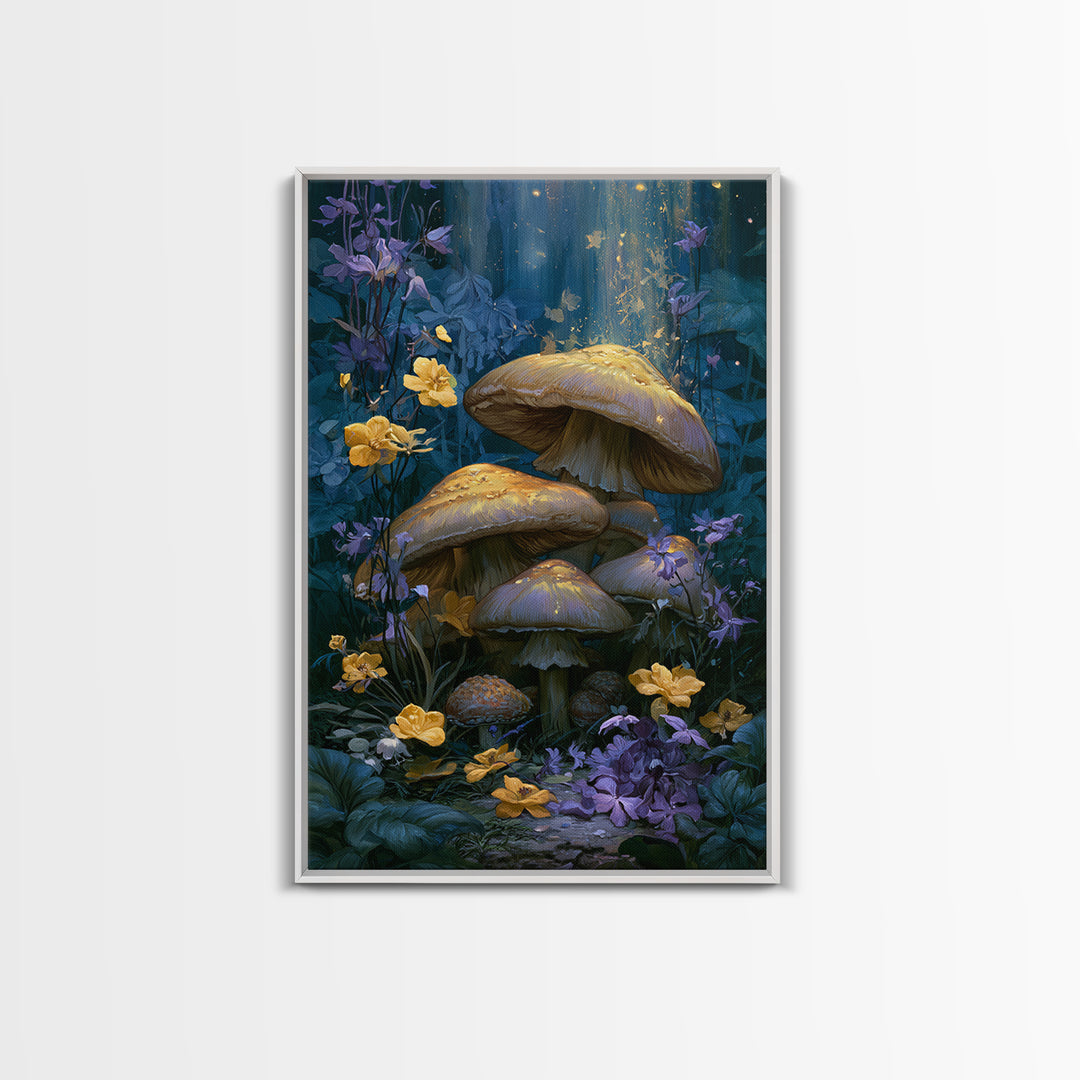 Fairy Ring of Mushrooms and Wildflowers Framed Canvas Print, Fairy Tale Art, Boho Wall Art, Living Room Decor, Watercolor Art, FTA-2x3-53