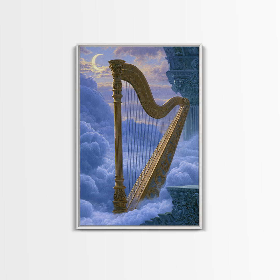 Golden Harp in a Cloud Kingdom Framed Canvas Print, Fairy Tale Art, Minimalist Decor, Living Room Decor, Fine Art, Storybook, FTA-2x3-6