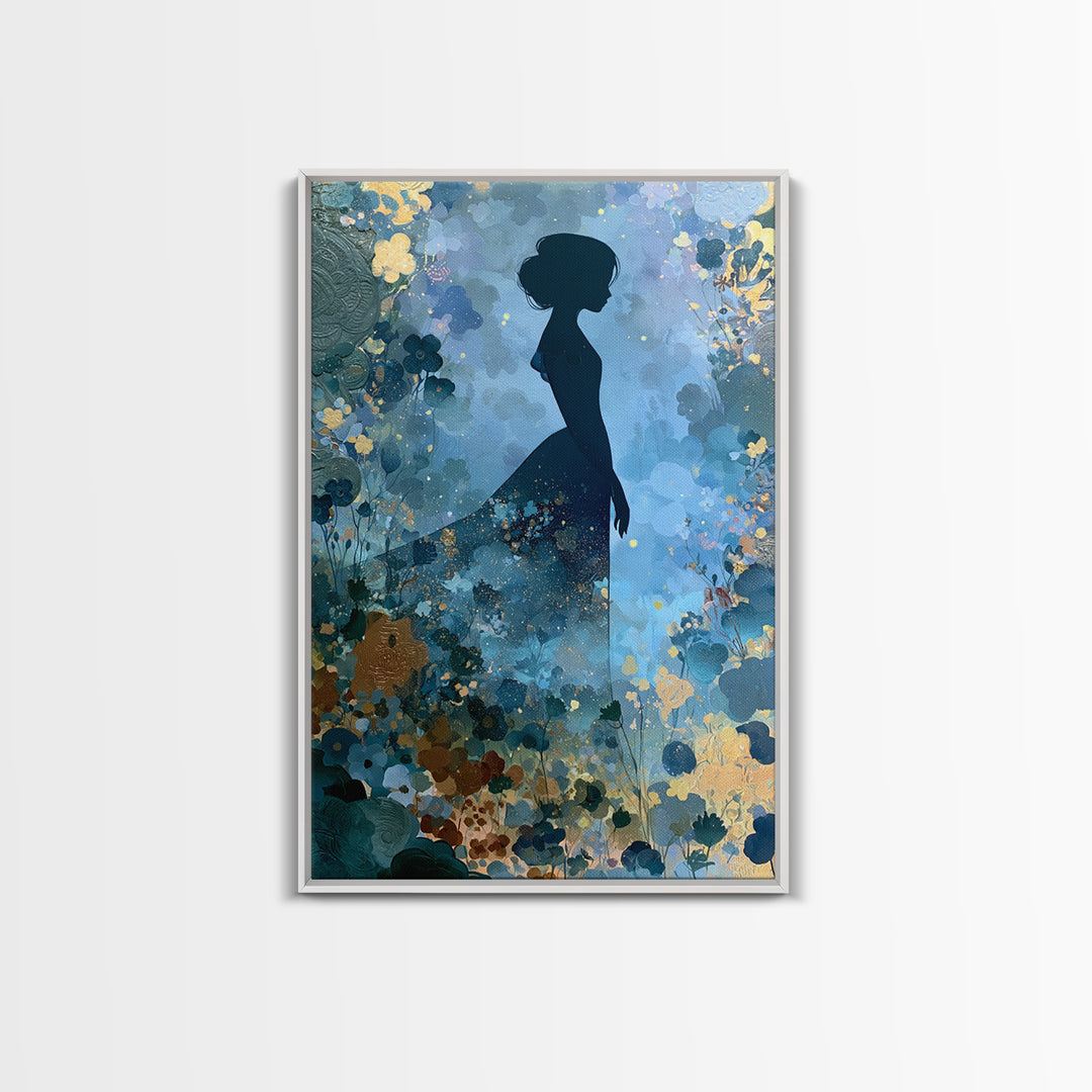 Princess Silhouette with Moonlit Garden Flowers Canvas Print, Fairy Tale Art, Art Nouveau, Living Room Decor, Storybook, FTA-2x3-60