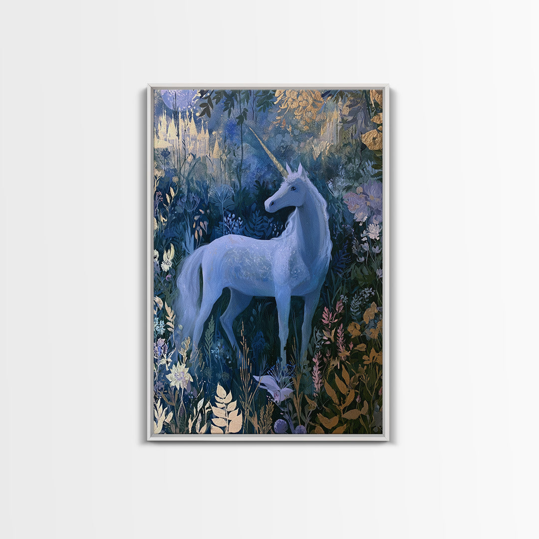 Unicorn in a Moonlit Meadow Canvas Print, Fairy Tale Art, Art Deco, Living Room Decor, Fine Art, Storybook, Whimsical Art, FTA-2x3-66