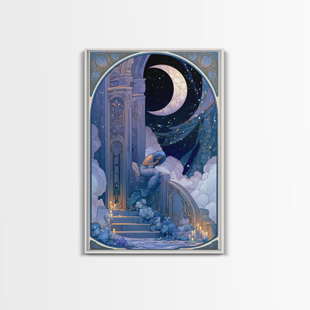 Mermaid Combing Hair Beneath a Pearl Moon Framed Canvas Print, Fairy Tale Art, Nursery Art, Living Room Decor, Storybook, FTA-2x3-68