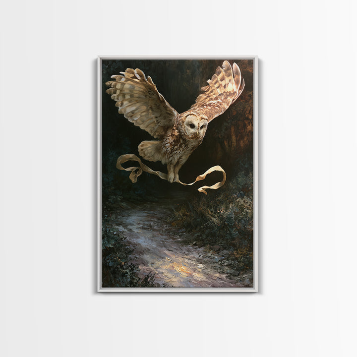 Owl Messenger Carrying a Tiny Ribbon Framed Canvas Print, Fairy Tale Art, Whimsical Art, Living Room Decor, Fine Art, Storybook, FTA-2x3-73