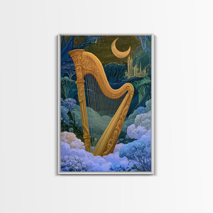 Golden Harp in a Cloud Kingdom Framed Canvas Print, Fairy Tale Art, Art Nouveau, Living Room Decor, Fine Art, Storybook, FTA-2x3-78