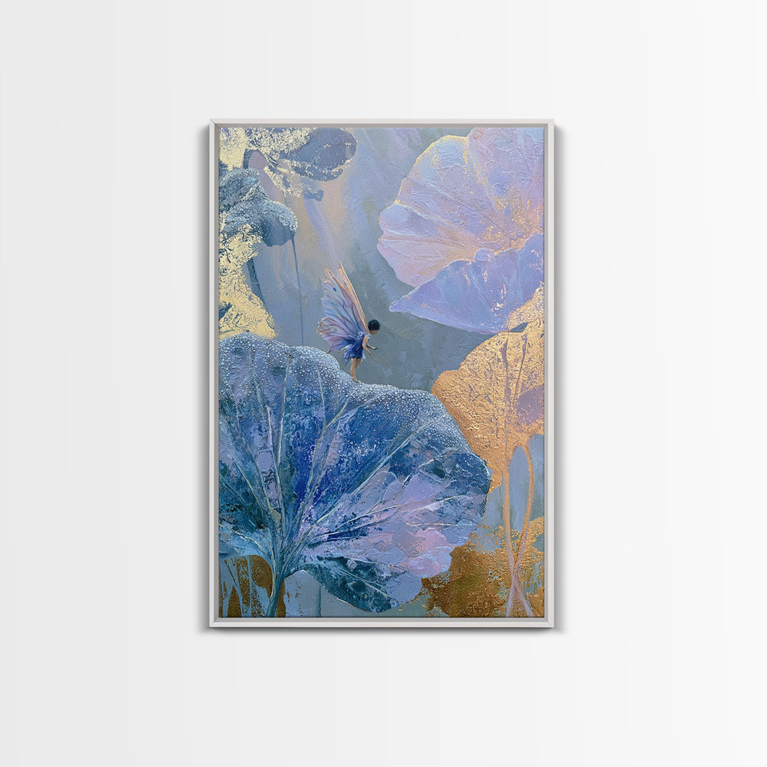 Tiny Fairy Resting on a Dew Covered Framed Canvas Print, Fairy Tale Art, Mixed Media Art, Living Room Decor, Oil Painting, FTA-2x3-87