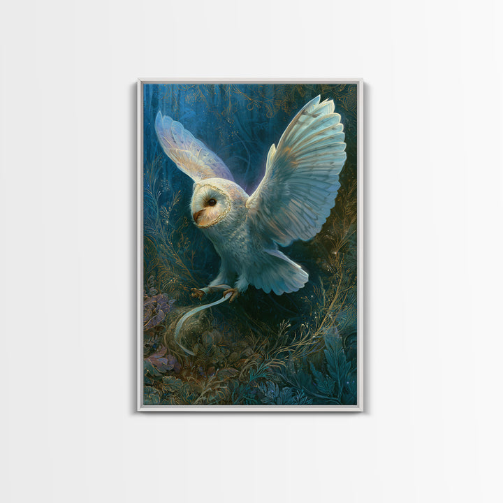 Owl Messenger Carrying a Tiny Ribbon Framed Canvas Print, Fairy Tale Art, Whimsical Art, Living Room Decor, Fine Art, Storybook, FTA-2x3-97