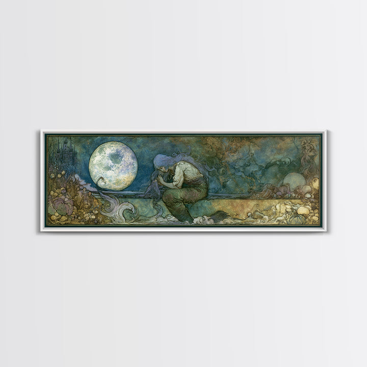 Mermaid Combing Hair Beneath a Pearl Moon Canvas Print, Fairy Tale Art, Living Room Decor, Abstract Art, Storybook, FTA-3x1-100