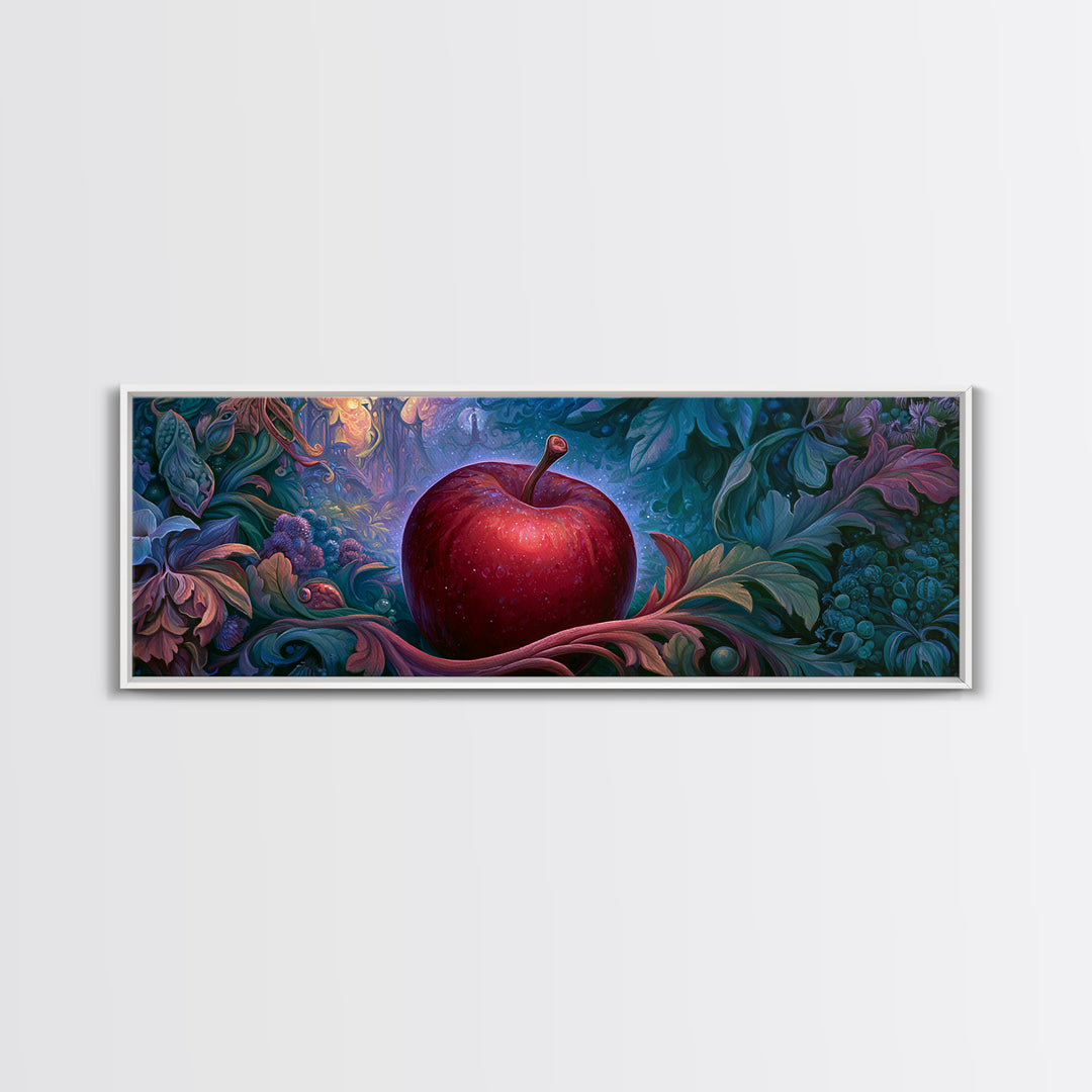 Enchanted Apple with Deep Red Shine Framed Canvas Print, Fairy Tale Art, Whimsical Wall Art, Living Room Decor, Storybook, FTA-3x1-12