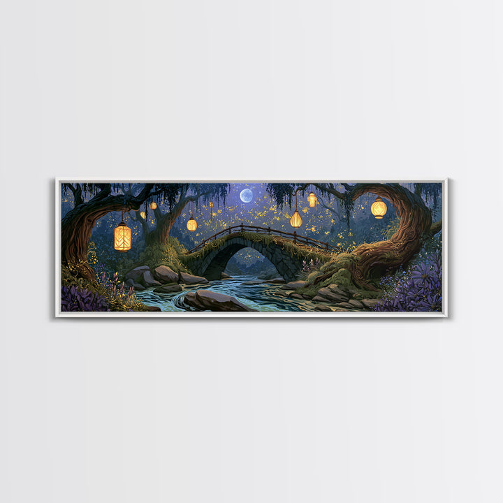 Lantern Lit Bridge Framed Canvas Print, Fairy Tale Art, Gallery Decor, Living Room Decor, Fine Art, Storybook, Wall Art, FTA-3x1-15