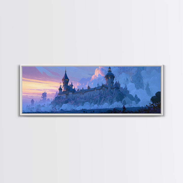 Storybook Castle on a Misty Hill Framed Canvas Print, Fairy Tale Art, Whimsical Decor, Living Room Decor, Fine Art, Storybook, FTA-3x1-18