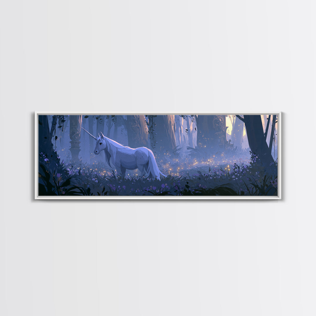 Unicorn in a Moonlit Meadow Framed Canvas Print, Fairy Tale Art, Art Nouveau, Living Room Decor, Fine Art, Storybook, FTA-3x1-2