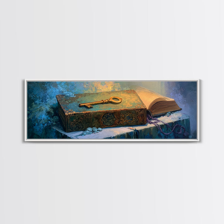 Golden Key and Enchanted Book Still Life Canvas Print, Fairy Tale Art, Kids Room Decor, Living Room Decor, Abstract Art, FTA-3x1-25
