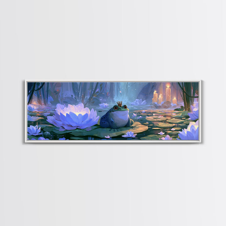 Frog Prince on a Lily Pad Framed Canvas Print, Fairy Tale Art, Textured Painting, Living Room Decor, Fine Art, Storybook, FTA-3x1-27
