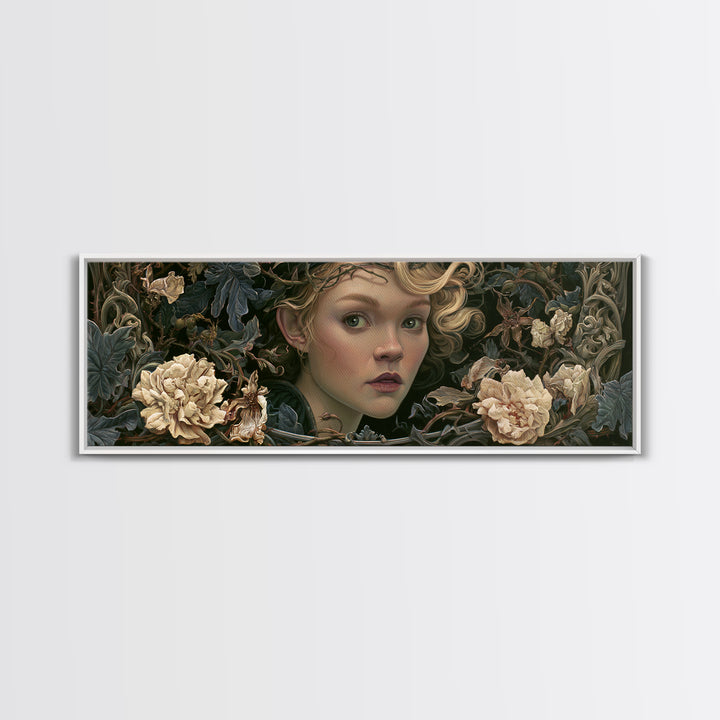 Magic Mirror Framed by Vines and Thorns Canvas Print, Fairy Tale Art, Princess Wall Art, Living Room Decor, Oil Painting, FTA-3x1-29