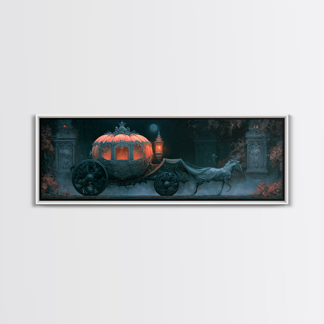 Pumpkin Carriage under Midnight Sky Framed Canvas Print, Fairy Tale Art, Art Nouveau Print, Living Room Decor, Watercolor Art, FTA-3x1-32