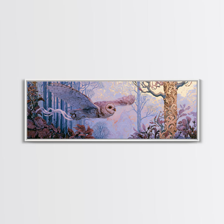 Owl Messenger Carrying a Tiny Ribbon Canvas Print, Fairy Tale Art, Dark Art, Living Room Decor, Storybook, Statement Artwork, FTA-3x1-33