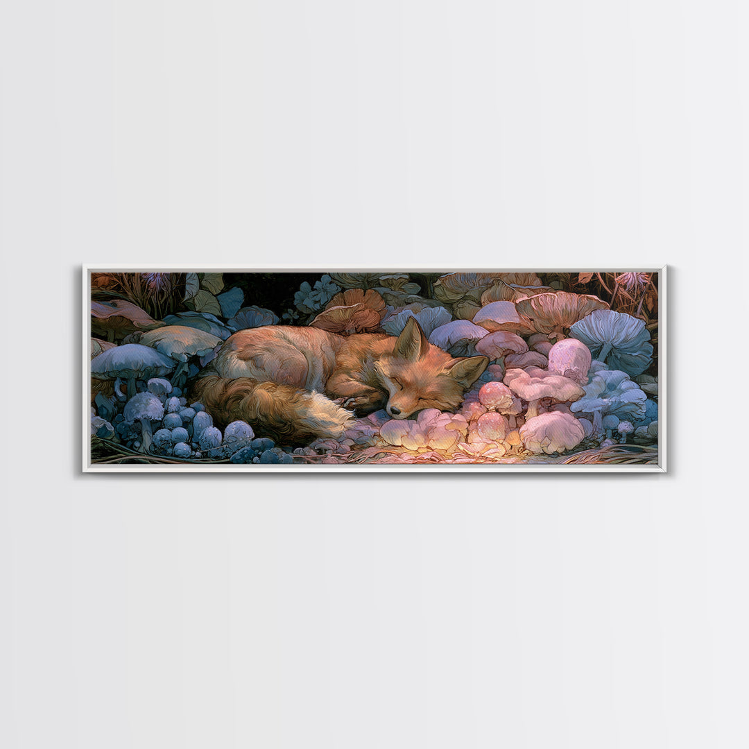 Sleeping Fox Beside a Magical Mushroom Ring Canvas Print, Fairy Tale Art, Printable Wall Art, Living Room Decor, Storybook, FTA-3x1-43
