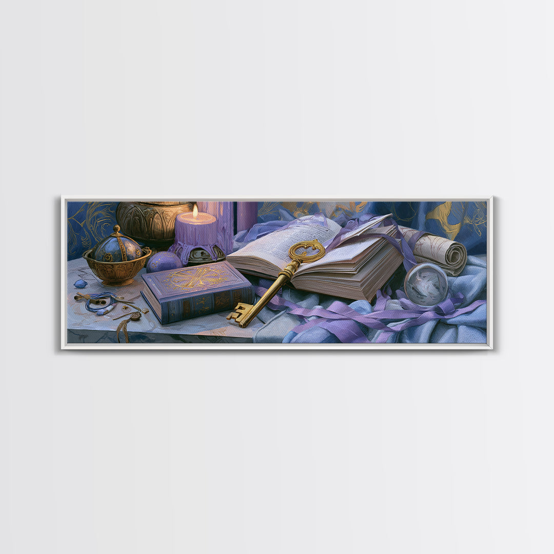 Golden Key and Enchanted Book Still Life Canvas Print, Fairy Tale Art, Kids Room Decor, Living Room Decor, Abstract Art, FTA-3x1-49