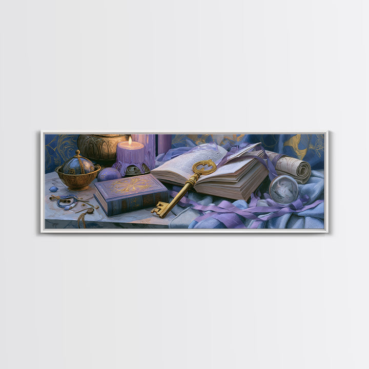 Golden Key and Enchanted Book Still Life Canvas Print, Fairy Tale Art, Kids Room Decor, Living Room Decor, Abstract Art, FTA-3x1-49