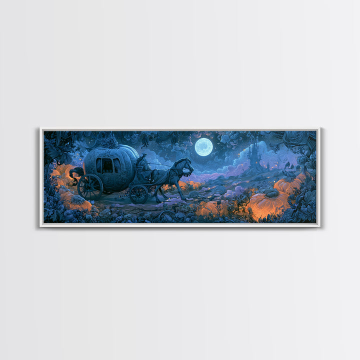 Pumpkin Carriage under Midnight Sky Framed Canvas Print, Fairy Tale Art, Minimalist Decor, Living Room Decor, Storybook, FTA-3x1-56