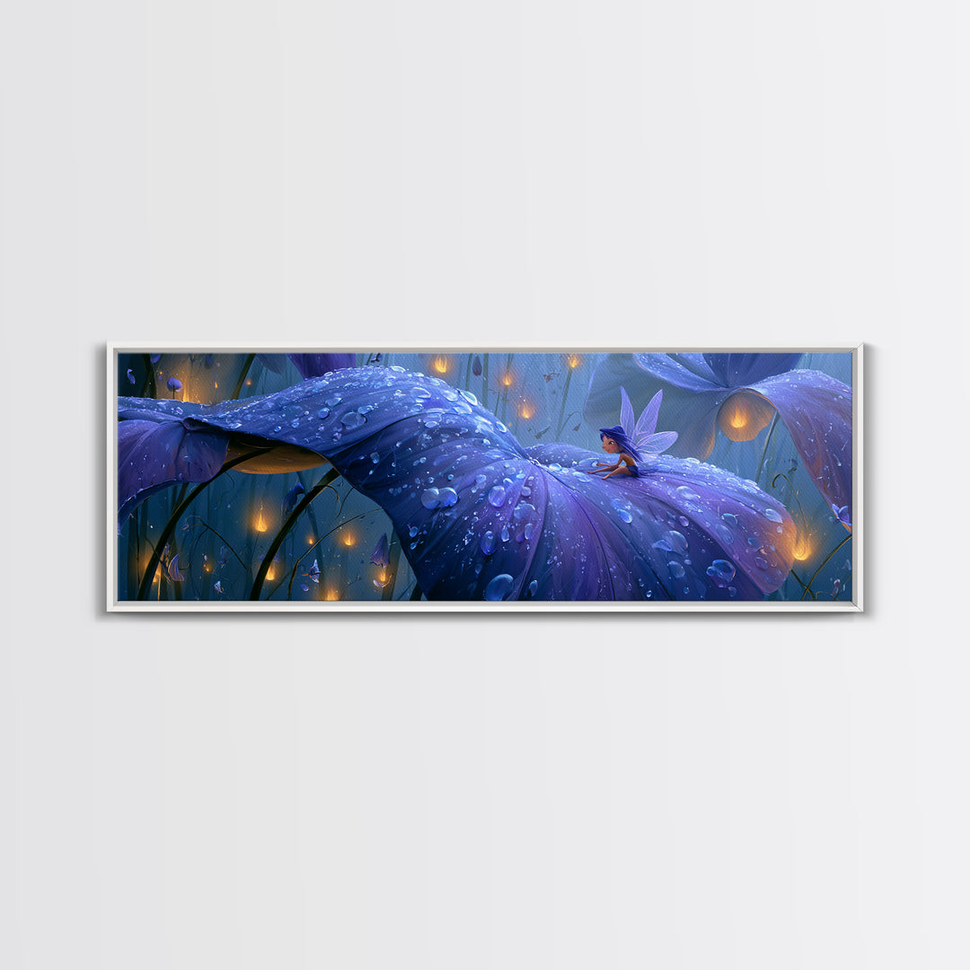 Tiny Fairy Resting on a Dew Covered Canvas Print, Fairy Tale Art, Printable Art, Living Room Decor, Oil Painting, Storybook, FTA-3x1-71