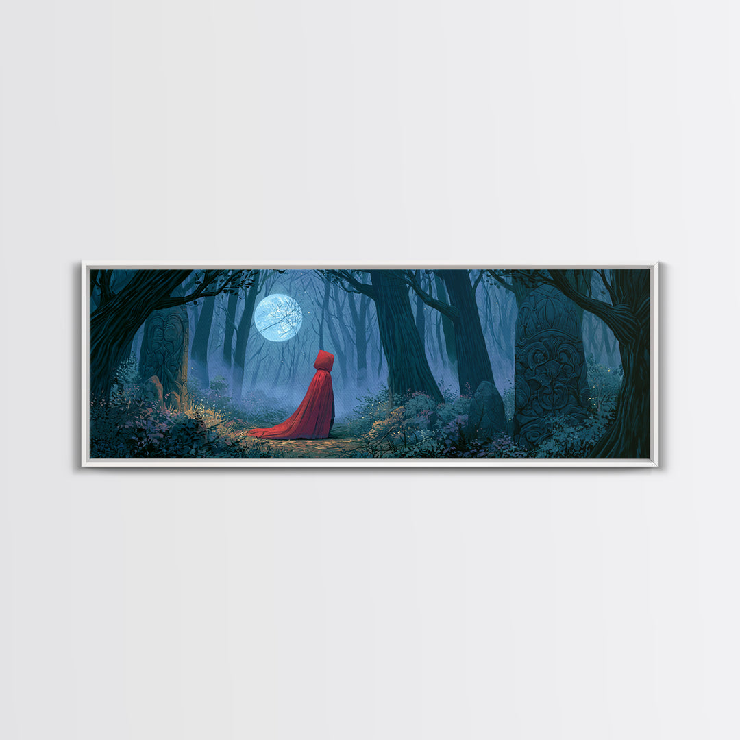 Red Cloak Figure Walking Through Dark Woods Framed Canvas Print, Fairy Tale Art, Wall Decor, Living Room Decor, Storybook, FTA-3x1-72