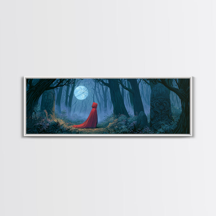 Red Cloak Figure Walking Through Dark Woods Framed Canvas Print, Fairy Tale Art, Wall Decor, Living Room Decor, Storybook, FTA-3x1-72