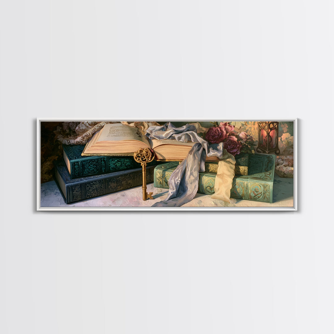 Golden Key and Enchanted Book Still Life Framed Canvas Print, Fairy Tale Art, Neutral Decor, Living Room Decor, Storybook, FTA-3x1-73