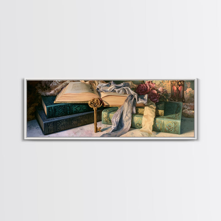 Golden Key and Enchanted Book Still Life Framed Canvas Print, Fairy Tale Art, Neutral Decor, Living Room Decor, Storybook, FTA-3x1-73