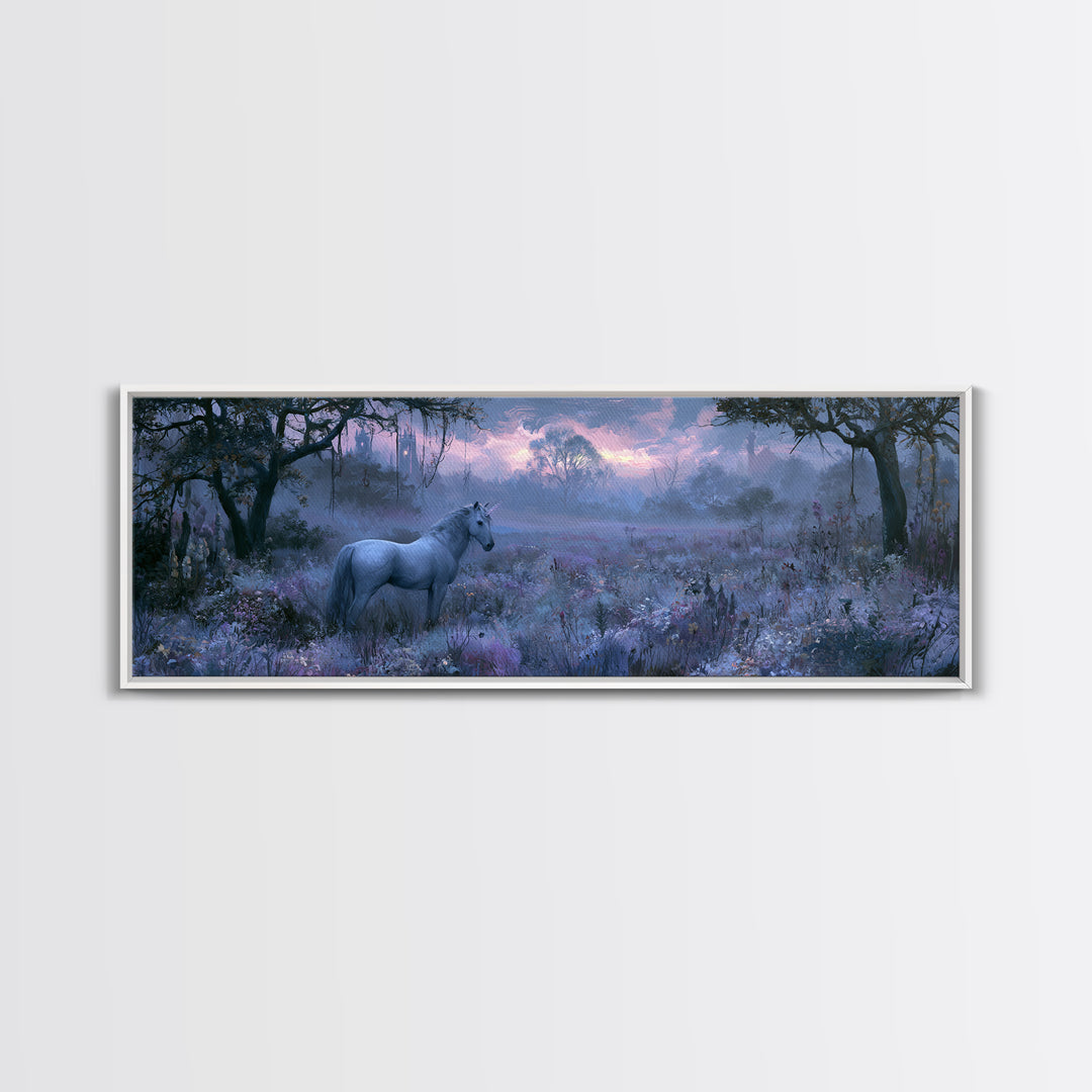 Unicorn in a Moonlit Meadow Framed Canvas Print, Fairy Tale Art, Princess Wall Art, Living Room Decor, Fine Art, Storybook, FTA-3x1-74