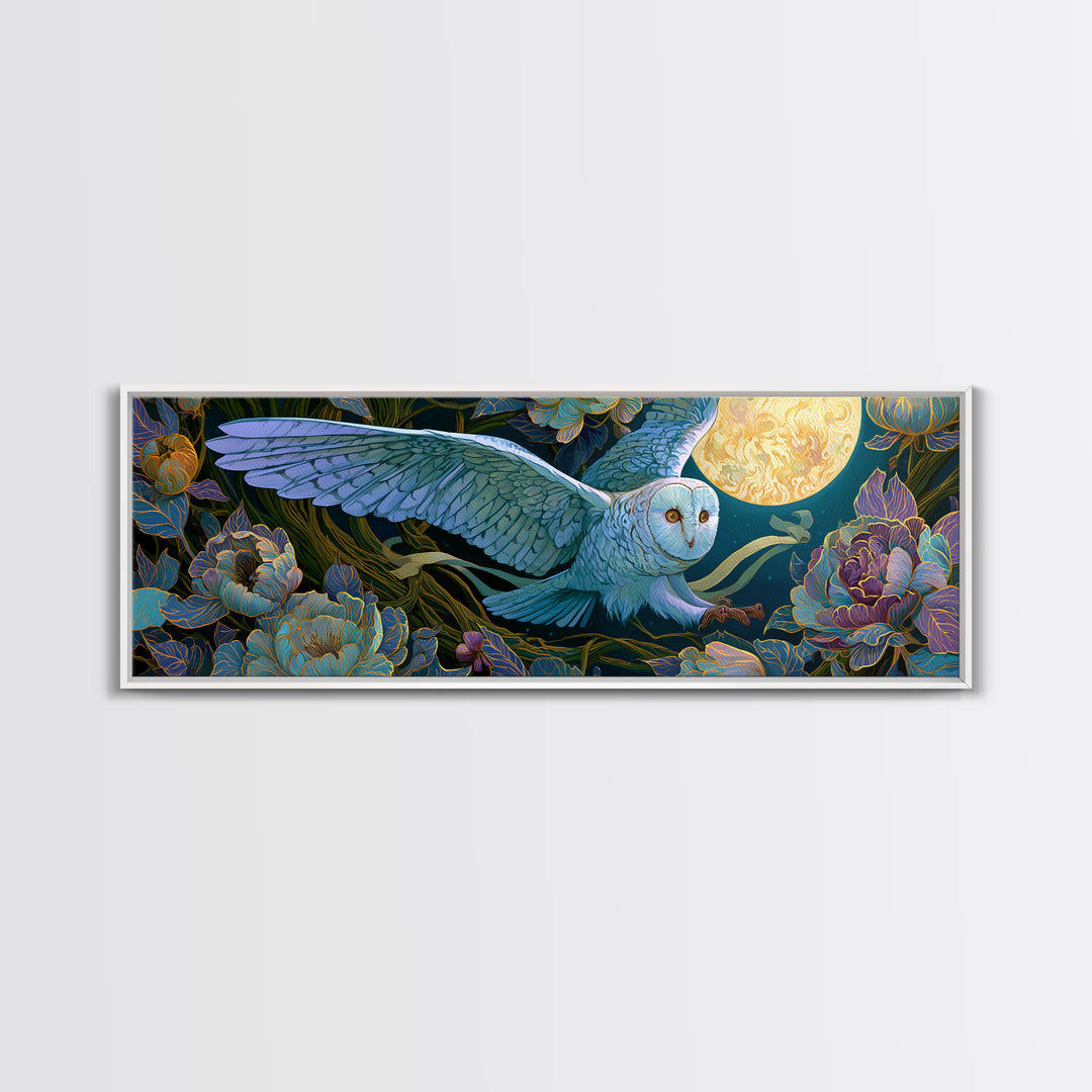 Owl Messenger Carrying a Tiny Ribbon Framed Canvas Print, Fairy Tale Art, Fairy Art, Living Room Decor, Fine Art, Storybook, FTA-3x1-81