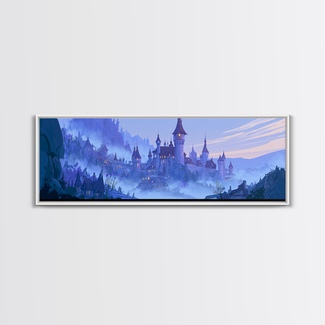 Storybook Castle on a Misty Hill Framed Canvas Print, Fairy Tale Art, Whimsical Wall Art, Living Room Decor, Storybook, FTA-3x1-90