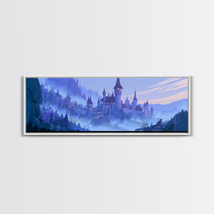 Storybook Castle on a Misty Hill Framed Canvas Print, Fairy Tale Art, Whimsical Wall Art, Living Room Decor, Storybook, FTA-3x1-90