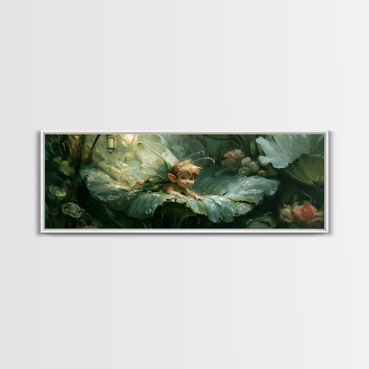 Tiny Fairy Resting on a Dew Covered Canvas Print, Fairy Tale Art, Art Deco, Living Room Decor, Storybook, Whimsical Art, FTA-3x1-95