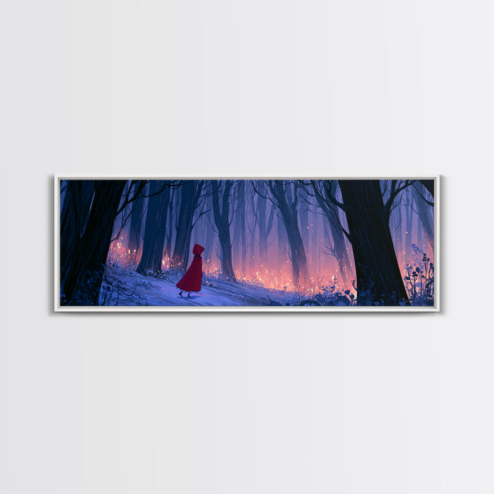 Red Cloak Figure Walking Through Dark Woods Canvas Print, Fairy Tale Art, Textured Painting, Living Room Decor, Storybook, FTA-3x1-96